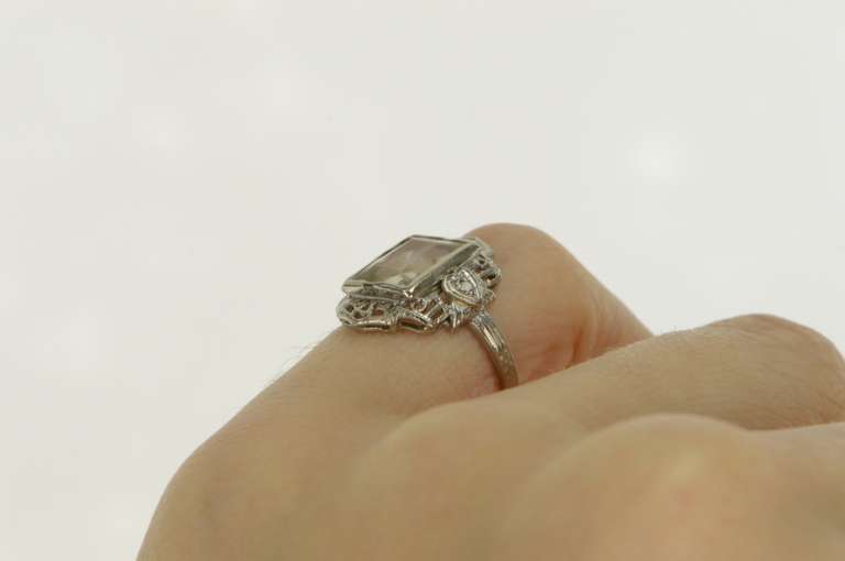 14K White Gold Art Deco Filigree CZ Diamond Accent Vintage Ring