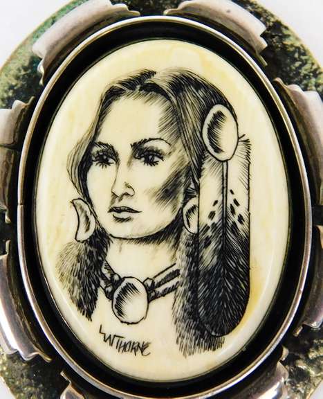 Large Signed Native American Sterling Scrimshaw Pendant