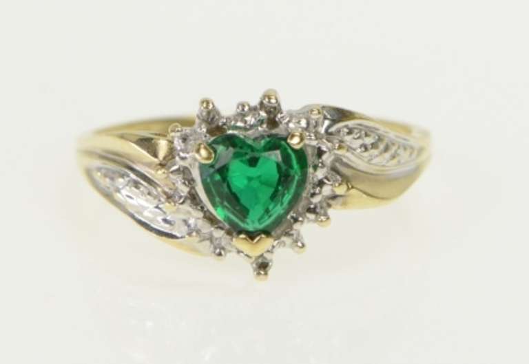 10K Yellow Gold Heart Syn. Emerald Diamond Halo Bypass Ring
