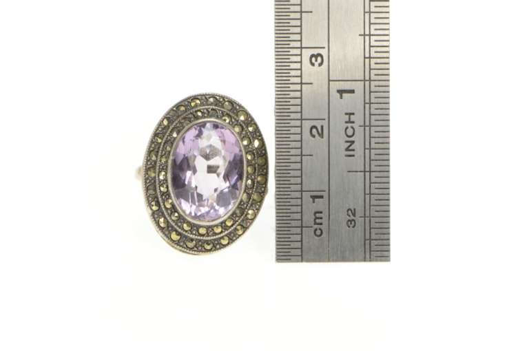 Sterling Silver Retro Oval Amethyst Marcasite Halo Cocktail Ring