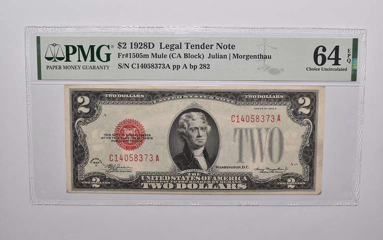 PMG 64 EPQ $2 1928-D US Legal Tender FR#1505m Mule (CA Block) Red Seal