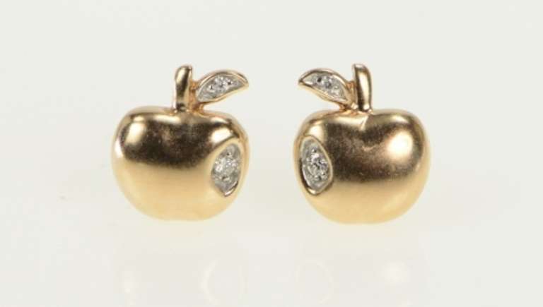 14K Rose Gold Diamond Inset Apple Classic Vintage Stud Earrings