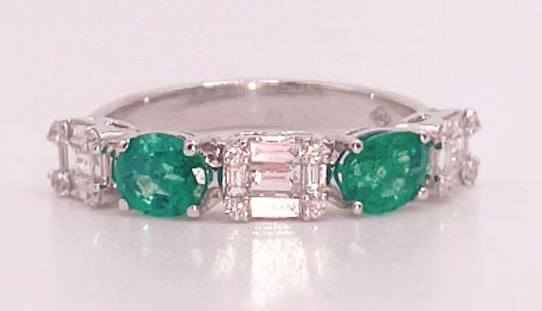 18kt Solid White Gold, Emerald, & Diamond Band Ring