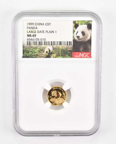 MS69 1999 China 5 Gold Yuan - Panda - Large Date - Plain 1 Graded NGC