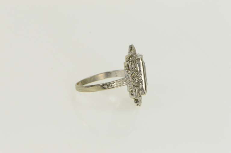 14K White Gold Art Deco Filigree CZ Diamond Accent Vintage Ring