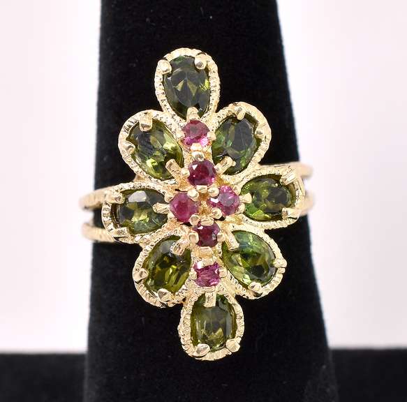 Fascinating Ruby And Green Tourmaline Ring In 14K Yellow Gold
