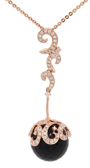 Black Onyx and 0.20ctw Diamond Ball Art Deco Pendant Necklace in 14K