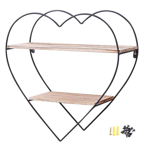 Heart-shaped Wooden Wall Shelf 2 Layers Vintage Storage