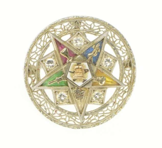 14K White Gold Art Deco Order of the Eastern Star Filigree Pendant/Pin