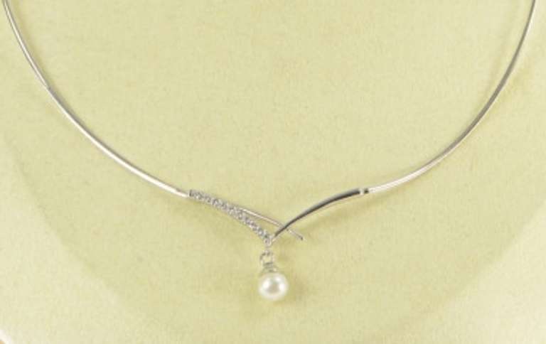 14K White Gold Vintage Pearl CZ Freeform Classic Vintage Necklace