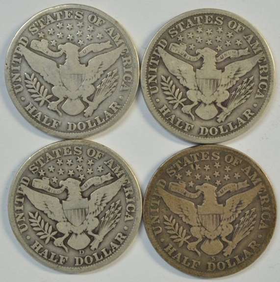 Run of 4 Different Barber Half Dollars 1910 to 1914-S