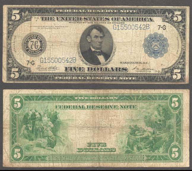 $5 1914 FRN Blue Seal and Serial numbers Fine
