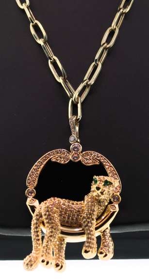 BRAND NEW! Relaxing 14k Gold Cubic Zirconia studded Panther Necklace with deep Onyx and Handmade Italian Cable Chain