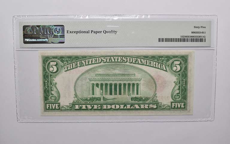 SAME PMG 65 EPQ $5 1928 US Legal Tender FR#1525 (BA Block) Red Seal