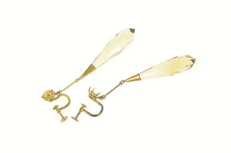 14K Yellow Gold 1940's Smoky Quartz Dangle Screw Back Earrings