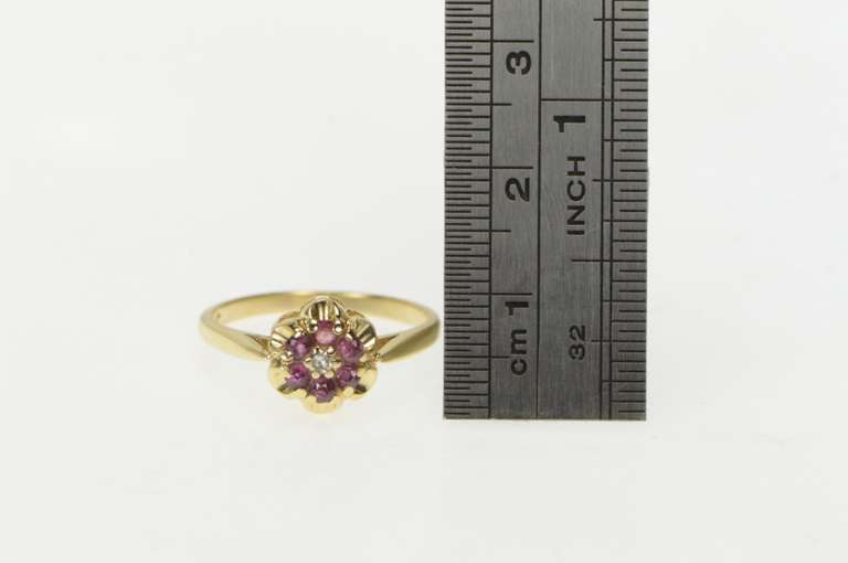 14K Yellow Gold 1960's Diamond Ruby Halo Flower Cluster Ring