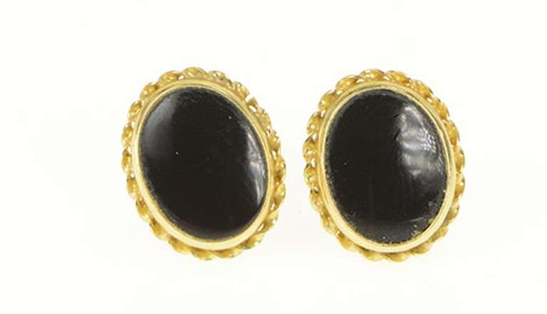 10K Yellow Gold Oval Black Onyx Twist Trim Stud Earrings