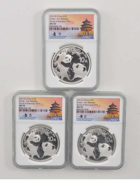 (3) MS70 2021(G), (S), (Y) China 10 Yuan 30g Silver Panda Sign NGC COA