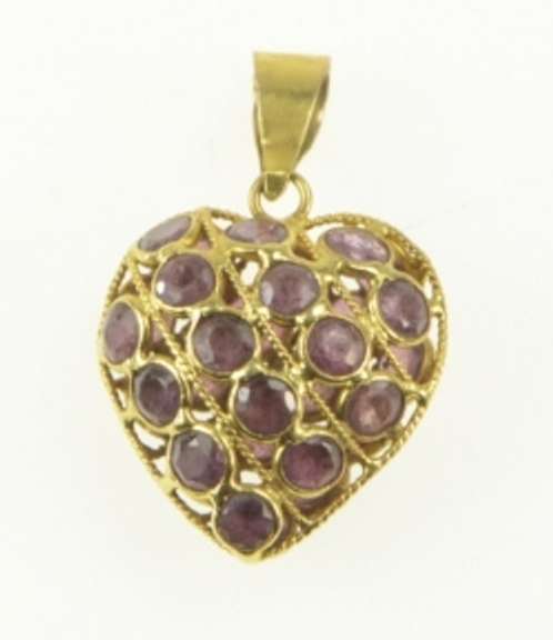 18K Yellow Gold Ruby Encrusted Puffy Domed Heart Love Charm/Pendant