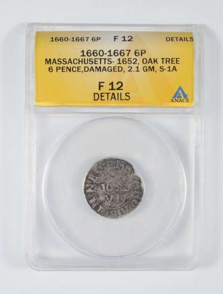 F12 Details 1662 Massachusetts 6 Pence - Oak Tree Graded ANACS