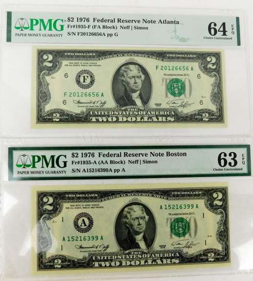 2 - Uncirculated $2 Dollar Federal Reserve Notes, Graded
