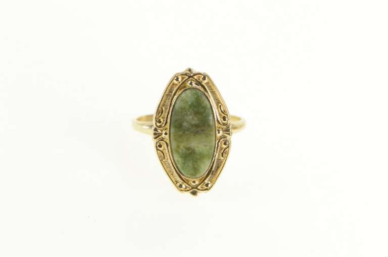 10K Yellow Gold Retro Vintage Nephrite Oval Ornate Statement Ring