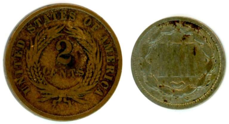 1866 Two Cent Piece and 1869 Three Cent Nickel
