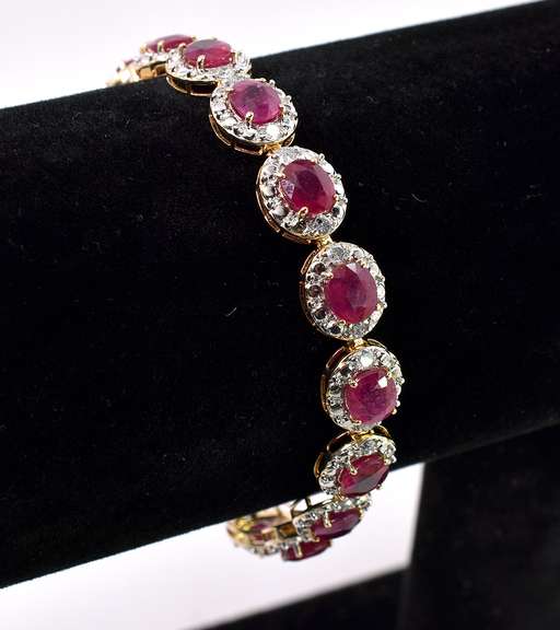 Stunning 8.55CTW Oval Cut Ruby Bracelet & 1.21CTW Diamond in Gold Plated Sterling Silver