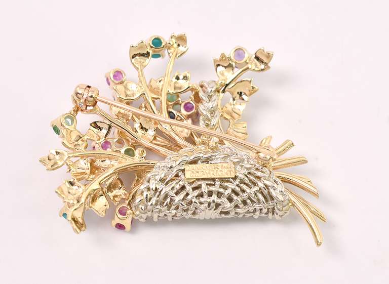 Multi-Gem Flower Basket Brooch In 14K Yellow Gold