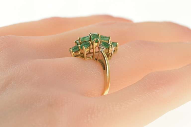 14K Yellow Gold Marquise Natural Emerald Diamond Cluster Ring