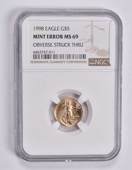 Error MS69 1998 $5 American 1/10 Oz Gold Eagle OBV Struck Thru NGC