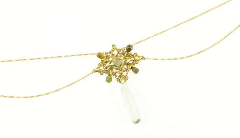 18K Yellow Gold 1940's Prasiolite Quartz Drop Elaborate Necklace