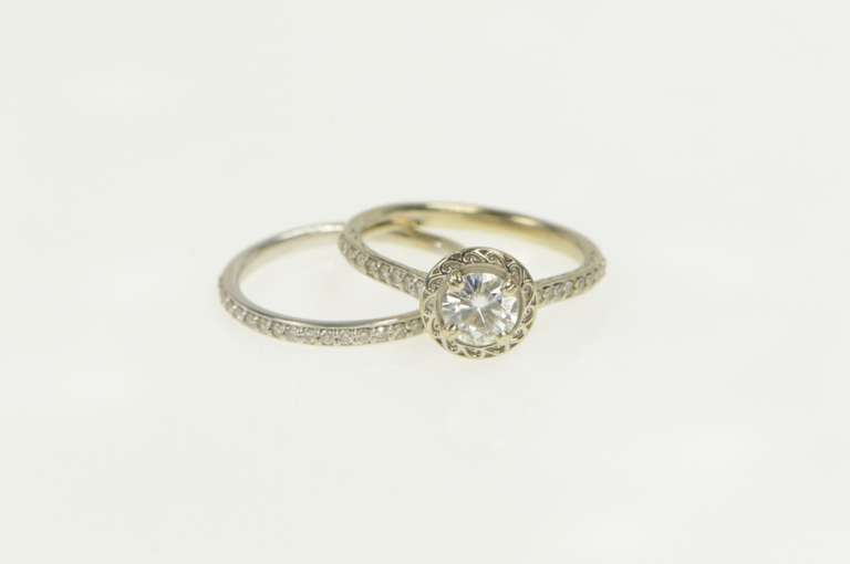 14K White Gold Round Halo Engagement Bridal Set Moissanite Ring