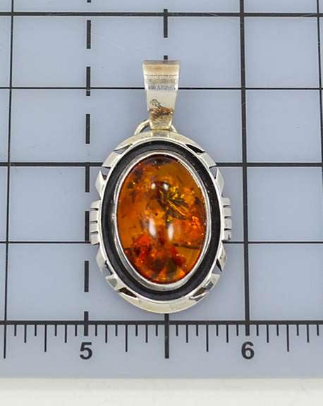 Vintage Oval Sterling and Amber Pendant Marked "Sterling M" on the Back