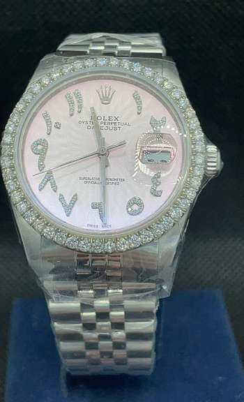 CUSTOM 2.45 CARATS ROLEX 36MM ARABIC PINK DIAL OYSTER PERPETUAL DATE-JUST STAINLESS STEEL LADIES DIAMOND WATCH