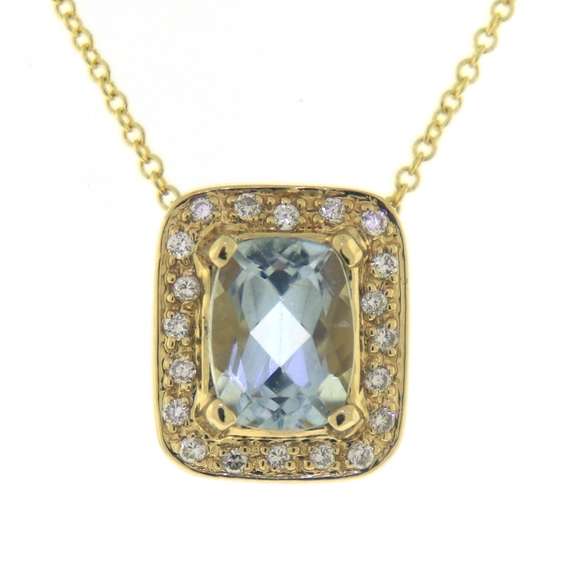 Sparkling 14kt YG Natural Aquamarine and Diamond Halo Pendant Necklace