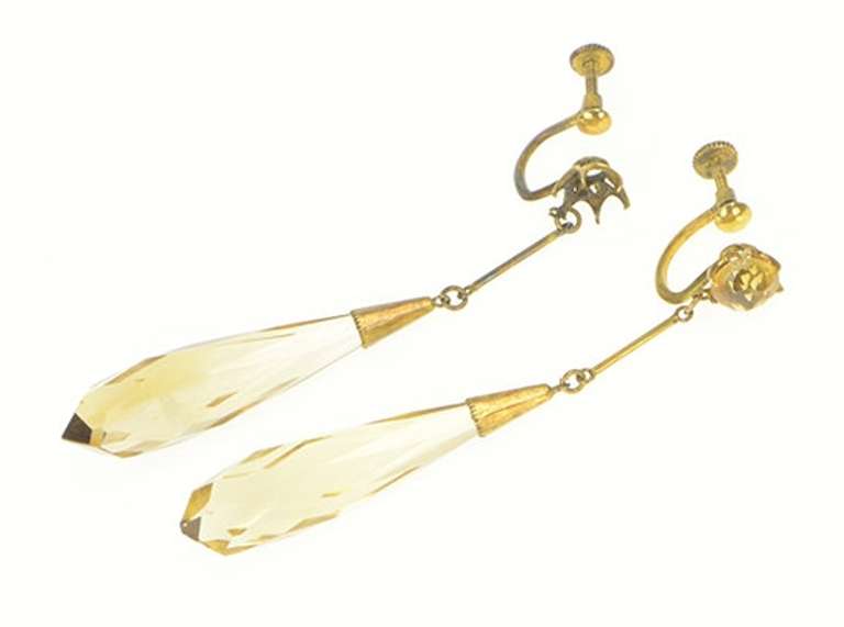 14K Yellow Gold 1940's Smoky Quartz Dangle Screw Back Earrings