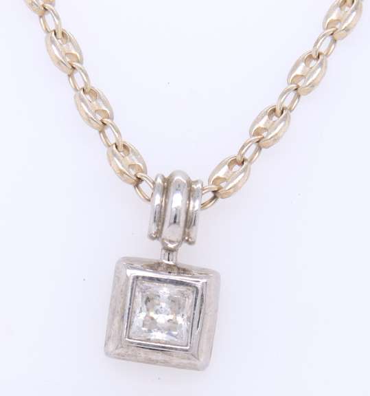 925 Sterling Silver Princess Cut Cubic Zirconia Pendant on Gucci Style Chain Necklace