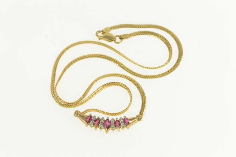 14K Yellow Gold Marquise Natural Ruby Diamond Herringbone Necklace