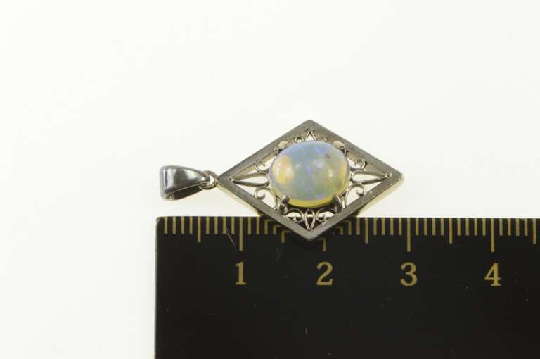 14K White Gold Oval Natural Opal Squared Filigree Statement Pendant