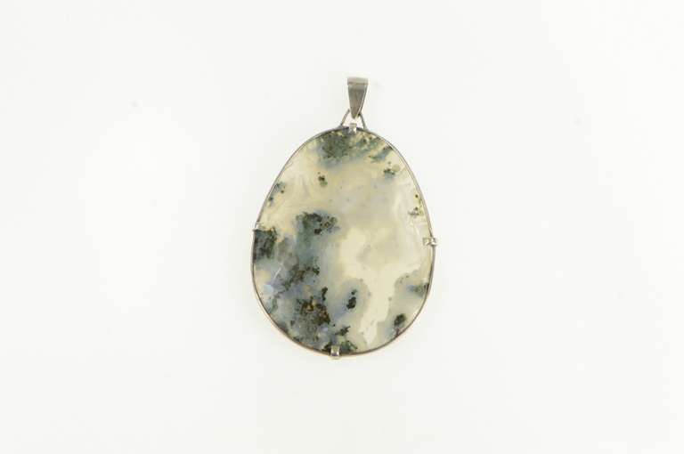 Sterling Silver Oval Moss Agate Palm Stone Bezel Pendant