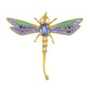14K Yellow Gold 0.50 Ctw Sapphire Diamond Enamel Dragonfly Pin/Brooch