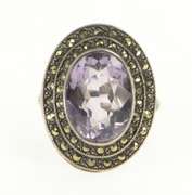 Sterling Silver Retro Oval Amethyst Marcasite Halo Cocktail Ring