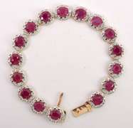 Stunning 8.55CTW Oval Cut Ruby Bracelet & 1.21CTW Diamond in Gold Plated Sterling Silver