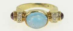 14K Yellow Gold 1930's 4.00 Ctw Blue Topaz Tourmaline Diamond Ring