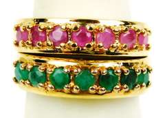 2 Sterling Vermeil Emerald & Ruby Stacking Rings, Size 6