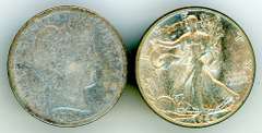 2 Different Silver Half Dolars: 1894 Barber and 1944 Walking Liberty