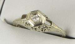 18K White Gold Art Deco Diamond Filigree Baguette Engagement Ring