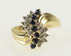 14K Yellow Gold Sapphire Wave Diamond Cluster Vintage Bypass Ring