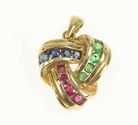 14K Yellow Gold Emerald Ruby Sapphire Triangle Knot Twist Pendant